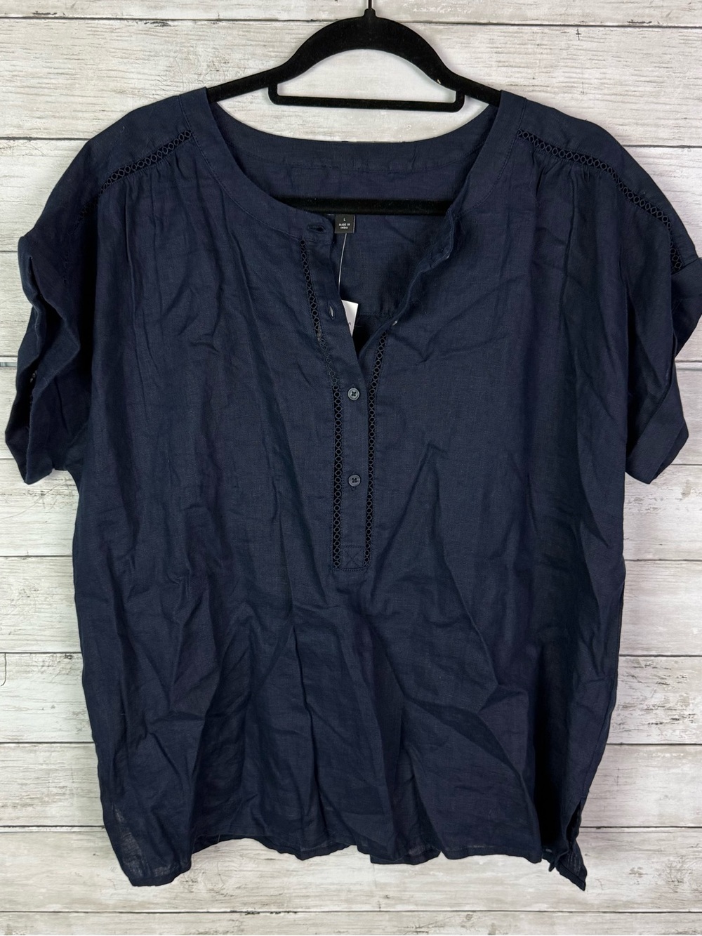 Ann Taylor Navy Short-Sleeve Linen Top Size Large